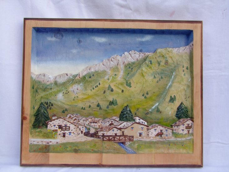 paesaggio di montagna legno di Pino Cembro dipinto paesaggio di montagna legno di Pino Cembro dipinto